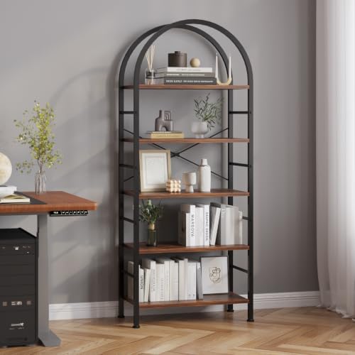 Image of HOME CUBE 5-Tier Standing Shelf Unit, Freestanding Storage Rack with Wooden Shelves & Metal Frame, Microwave Stand, Kitchen Organizer, Bookshelf, Multipurpose Storage, Arched Top Design- 60x30x170cm