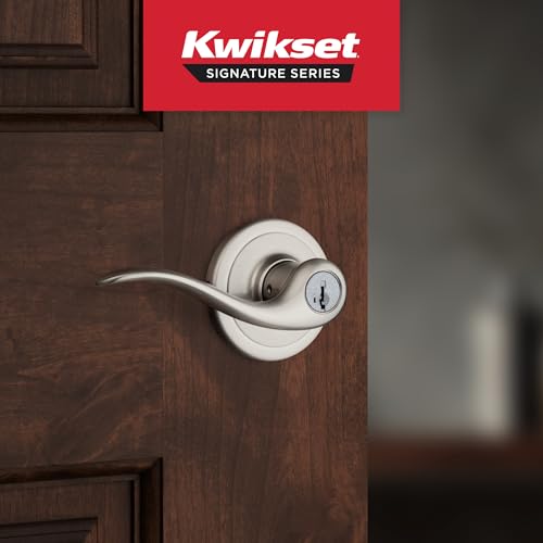 Image of Kwikset Tustin Entry Door Handle with Lock and Key, Secure Keyed Reversible Lever Exterior, For Front Entrance and Bedrooms, Satin Nickel, Pick Resistant Smartkey Rekey Security and Microban