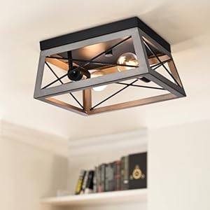 DEWENWILS Farmhouse Flush Mount Ceiling Light with Wood Grain Finish, 2-Light Metal Light Fixture for Kitchen Hallway Entryway Porch Brown