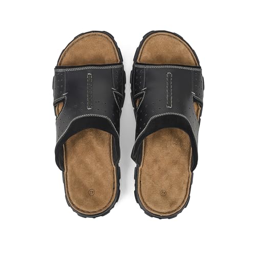 FIEEIF Men’s Original Leather Slide Sandals with Arch Support Hand-sewn Stitching Comfortable Cushion Walking Flip Flop Slip On Indoor Outdoor Summer Footwear3