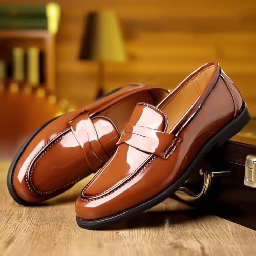 Santimon Men's Patent Leather Penny Loafers Slip-On Formal Business Dress Shoes3