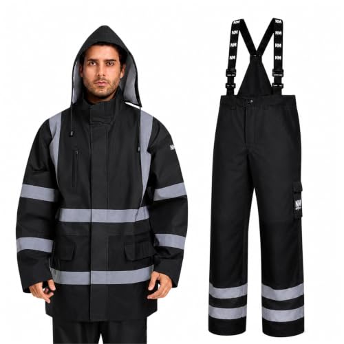 Image of 3-Piece Hi-Vis Rain Suit, Safety Jacket with Hood & Bib Overalls