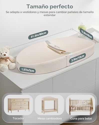 Miniatura 5 de Comomy Cambiador De Piel Vegana, 80 X 40 Cm, Impermeable Y Lavable, Con Cinturón De Seguridad Y Diseño Antideslizante, Suave Y Ligero Beige