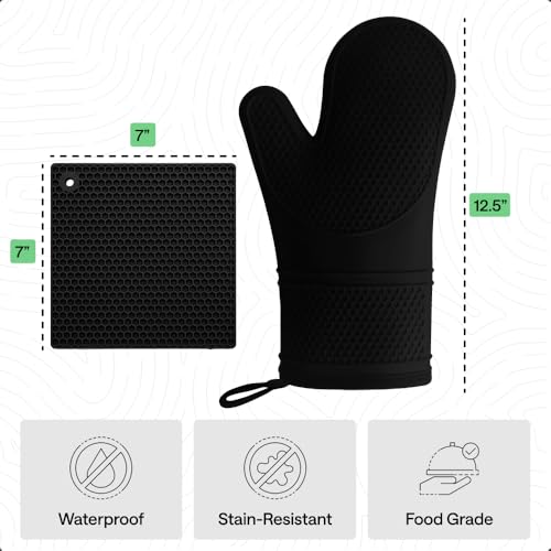 Image of GORILLA GRIP BPA-Free Soft Silicone Oven Mitts and Pot Holders Sets of 4, Heat Resistant Waterproof Cooking Gloves, Thick Cotton Lining, Flexible Gripping for Baking Grilling, Kitchen Trivets, Black