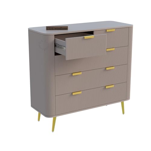 Image of Wooden Chest of Drawers | 5 Drawers Dresser Console Cabinet for Bedroom, Living Room, Drawing Room & Office | Multipurpose Storage Sideboard | HDMR Premium Wood and Iron | Taupe