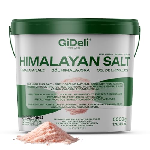 GiDeli Himalaya Salz Fein 5 kg im Eimer - Rosa Kristallsalz - Natursalz Unbestrahlt - Speisesalz - Badesalz und Entspannungssalze - Steinsalz aus Punjab Pakistan