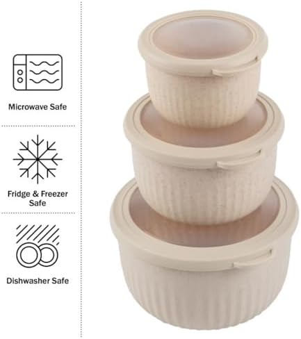 Set of 3 Bowls with Lids - Microwave, Freezer, and Fridge Safe Nesting Mixing Bowls - Eco-Conscious Kitchen Essentials by Classic Cuisine (Beige), S, M, L - Thumbnail 2