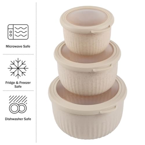 Set of 3 Bowls with Lids - Microwave, Freezer, and Fridge Safe Nesting Mixing Bowls - Eco-Conscious Kitchen Essentials by Classic Cuisine (Beige), S, M, L by Classic Cuisine - Image 2