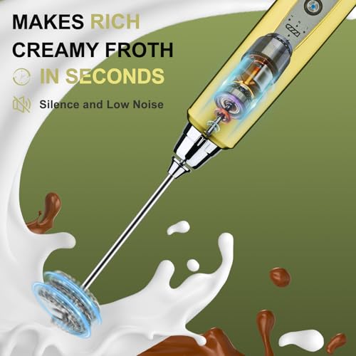 Image of YUSWKO Champagne Gold Handheld Milk Frother Wand for Coffee, Rechargeable Electric Whisk with 3 Heads 3 Speeds Drink Mixer Coffee Frother For Latte, Cappuccino, Hot Chocolate, Egg