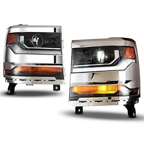 LED DRL Headlights Assembly Compatible with 2016-2019 Chevrolet Silverado 1500 (Fit Models with HID Headlights Only) Projector Head Lamp Replacement for Pickup- 1 Pair (Chrome Frame/ Clear Lens)