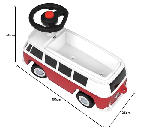 BIG – Bobby Car Baby VW T1 (rot-weiß) - Kinderfahrzeug mit Flüsterreifen, Hupe & Anhängerkupplung - Rutschauto für Kleinkinder & Kinder ab 18 Monaten (bis 50 kg)