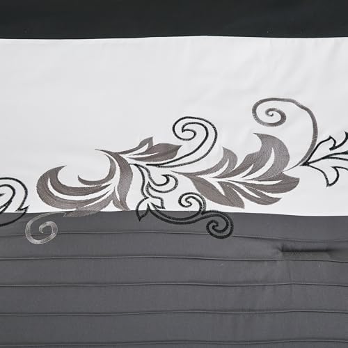 Chezmoi Collection Napa 7-Piece Luxury Leaves Scroll Embroidery Bedding Comforter Set (Full, Black/Gray/White)
