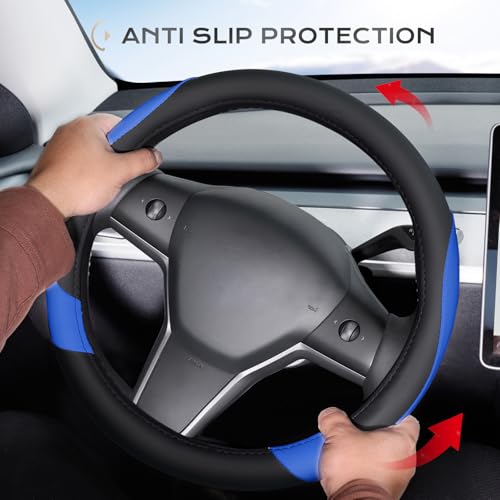 Image of Coverado Car Steering Wheel Cover, Nappa Leather Black & Blue Steering Wheel Covers for Women, Universal 14-15 inch, Anti-Slip, Breathable Steering Wheel Protector
