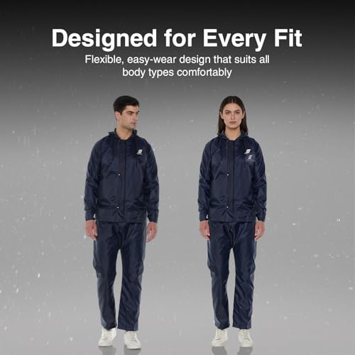 Image of Amazon Brand - Symactive Raincoat with Jacket, Pants, Hood and Carry Bag | Polyester Shell with Heat Sealed PVC Lining | Inner Mobile Pocket | Plastic Peak Hood | Unisex, Blue, S