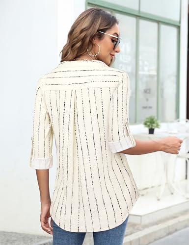Image of Bulotus 3 /4 Length Sleeve Womens Striped Tops Zipper V Neck Collared Blouses Business Casual Tunics 2026 Spring Trendy