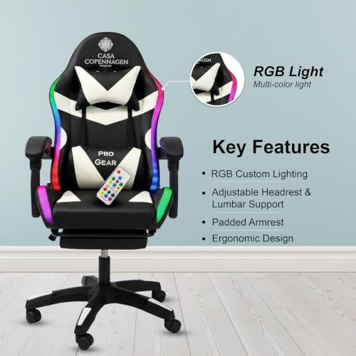 Image of Casa Copenhagen Designed in Denmark,High-Back Italian Leather Gaming Ergonomic Chair with Advanced Mechanism with LED Light & Electric Back Massager, Memory Foam Seating - White & Black