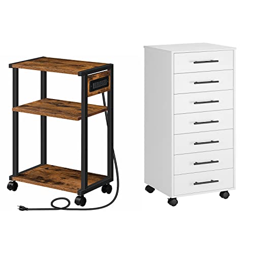 Hoobro Industrial Printer Stand With Charging Station, 3-Tier Printer Table With Adjustable Shelf And Hook And File Cabinet, 7-Drawer Chest Dresser With Wheels, Rustic Brown, White Bf28Ups01-Wt07Wj01 #TOP17