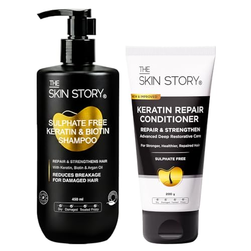 Image of The Skin Story Sulphate Free Shampoo Conditioner Combo Treated Hair, Keratin enriched Shampoo (450ml) and Keratin Conditioner (200g) | Repairs & Nourishes Damaged Hair | No Sulfate | Combo Pack