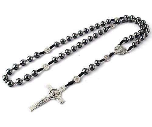 HanlinCC 8mm Hematite Rosary Black Stone Beads with 4mm Stainless Steel Beads and St.Benedict Metal Beads Rosary Necklace with Medal & Cross For Men and Womens
