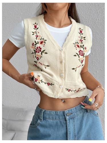 GORGLITTER Women's Flower Embroideried Vintage Sweater Vest Sleeveless Fall Country Concert Crochet Cardigan Khaki Small3