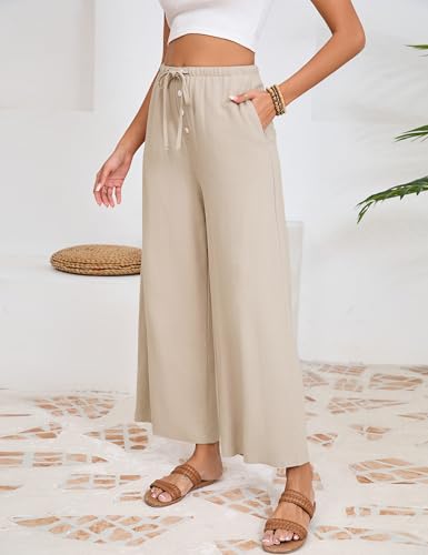 Fiona Jolin Womens Cotton Linen Pants Summer Casual Beach Pants Drawstring Flowy Wide Leg Palazzo Trousers with Pockets4
