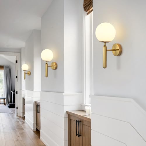 Image of KCO Lighting Set of 2 Mid Century Modern Brushed Gold Globe Wall Sconces | E26 Bulb Included, Indoor Frosted Milk Glass Wall Light, Vintage Hardwired Vanity Fixture for Bathroom Bedroom Hallway Bar