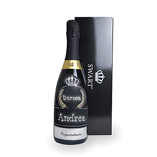 Bottiglia per Festa di Laurea PERSONALIZZABILE - Bottiglia regalo spumante italiano 0,75L con scritta Auguri Dottore in autentici cristalli e possibilità di personalizzare il nome (AUGURI DOTTORE)