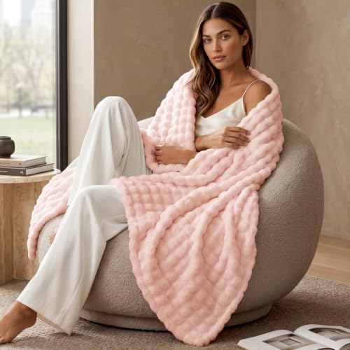 Image of BEDELITE Cute Pink 3D Fleece Bubble Throw Blanket for Couch, 50x60 Inches | Fluffy Blanket for Sofa Bed Dorm Room Decor, Luxury Soft Warm Cozy Plush Fuzzy Throw Blankets Gift for Women, Lightweight