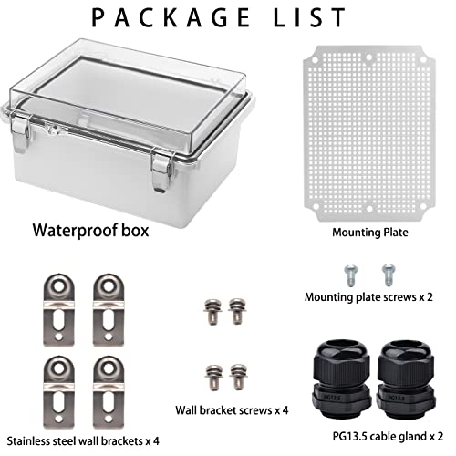 Image of Waterproof Electrical Box with Mounting Plate 222x170x110mm, IP67 Junction Box Stainless Steel Latch Hinged Clear Cover Project Enclosure with Wall Bracket and 2 Glands 8.7 inchx6.7 inchx4.3 inch