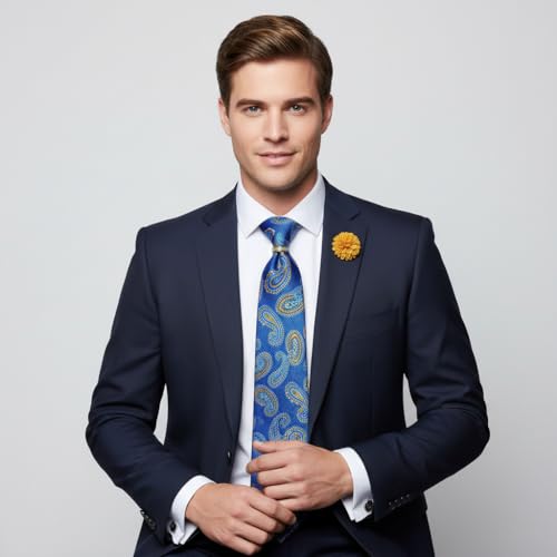 Image of 5PCS Tie and Pocket Square for Men, Silk Necktie and Handkerchief Cufflinks with Gold Ring and Lapel Pin Set