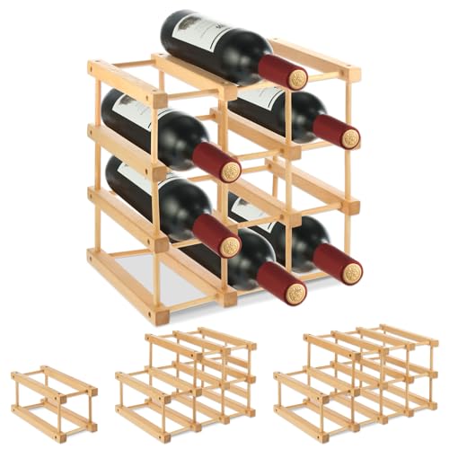 Wooden Wine Rack, 12-Bottle Stackable Wooden Wine Rack, Stackable Modular Wine Storage Racks, DIY Assembly Wine Bottle Holder for Inside Cabinet and Countertop (Beech Wood)