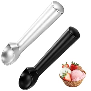 2 Ice Cream Scoops, Premium Stainless Steel Ice Cream Scoop Set, Efficient Ice Cream Spoons with Release Mechanism for Easy Serving, Black and White Colour Combination, Durable Metal Scoop Design