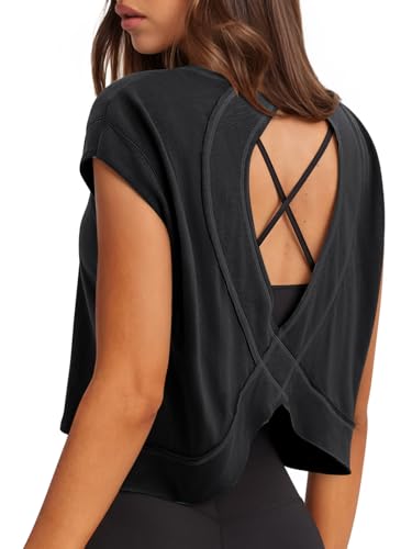 LASLULU Womens Open Back Workout Tops Short Sleeve Athletic Top Sleeveless Oversized Wrap Crop Tank Tops Running Gym Yoga Tee
