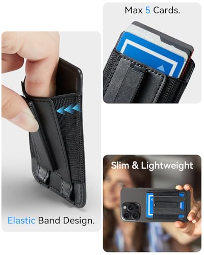 Image of Phone Card Holder Wallet with Stand, Hold 6 Card for iPhone Andriod | Stretch fabric card holder stick on back of phone case. Built-in stand for hands-free viewing. Holds 6 credit /ID cards