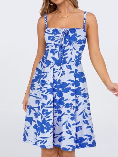 Image of YATHON Summer Mini Corset Sun Dress for Women Short Casual Square Neck Lace Up Floral Beach Vacation Dresses with Pockets