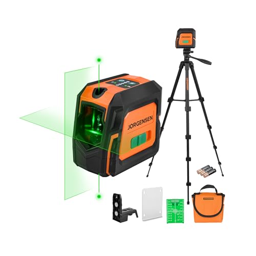 JORGENSEN Laser Level with Tripod & 2 Plumb Dots, 100 FT Self Leveling Point Cross Line Laser Leveler Tool, Wide Angle Green Laser Level for Picture Hanging, Indoor Project, Construction, Carry Bag