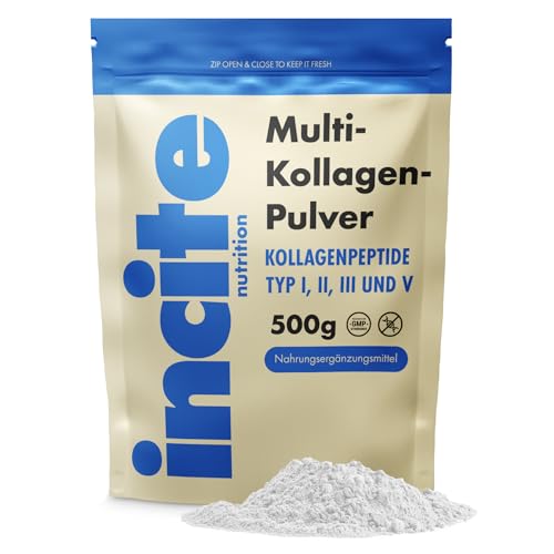 Incite Nutrition Geschmacksneutrales Multi Collagen Pulver 500 g. Quelle für Kollagen Typ 1, 2, 3 und 5. Essentielles Ergänzungsmittel für Haut, Gelenke, Knochen, Haare, Nägel und Muskelregeneration.