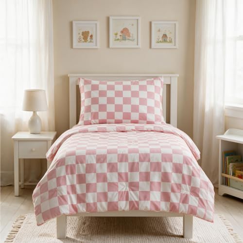 Image of CLOTHKNOW 4Pieces Pink White Plaid Toddler Bedding Sets for Girls Kids Bed | Soft, All Season, Grid Comforter, Checkerboard Bedding Sets, Soft Crib Bed Sets