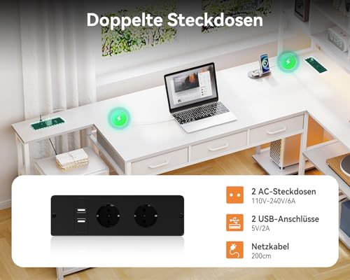 Coleshome Eckschreibtisch mit 5 Schubladen & 4 Regalen, 200×110cm Schreibtisch L-Form mit LED, Steckdosen & USB, großer Schreibtisch für Homeoffice, Weiß