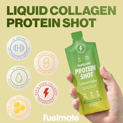 Image of Lemon Lime Liquid Collagen Easy Protein Shots - 15g Protein + 22 Amino Acids - Hydrolyzed Bovine Collagen Peptides for Recovery, Skin, Hair & Joints - 10 x 1.29oz - Sugar, Dairy & Gluten Free