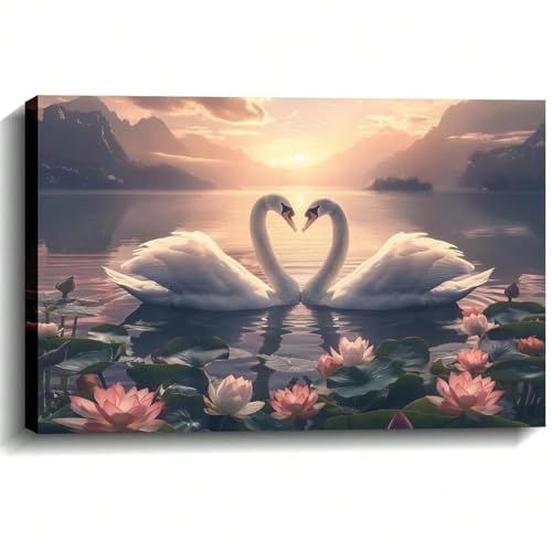 Toile couple de cygnes et lotus symbole d'amour pour votre foyer