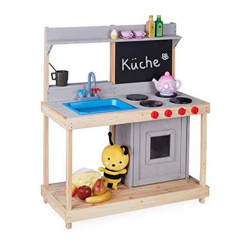 Relaxdays Matschküche, Kinder, mit Spülbecken, Herd & Ofen, Outdoor Spielküche, HBT: 100x87,5x40,5 cm, Holz, Natur/grau
