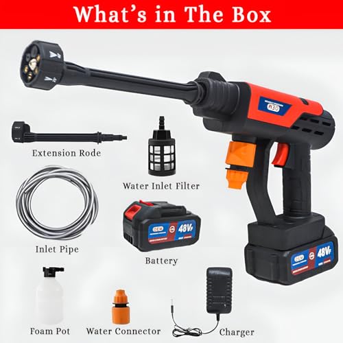 Image of OEM Portable Cordless Washer Gun 48V with Two 6 Ah Batteries, Extension Rod, Inlet Pipe, Foam Pot, Water Connector, Charger & Water Filter for Car, Home & Garden Cleaning