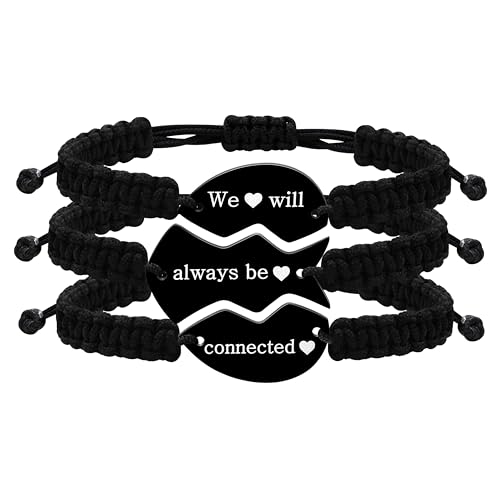 Image of Personalize 3PCS Friendship Bracelets Heart Puzzle Matching Handmade Woven Braided Black Rope Bracelet Set for Best Friends Sisters