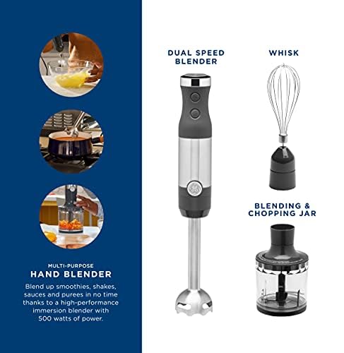 GE Immersion Blender | Handheld Blender for Shakes, Smoothies, Baby Food & More | Includes Whisk & Blending Jar | 2-Speed | Interchangeable Attachment for Easy Clean | 500 Watts | Stainless Steel by GE - Image 2