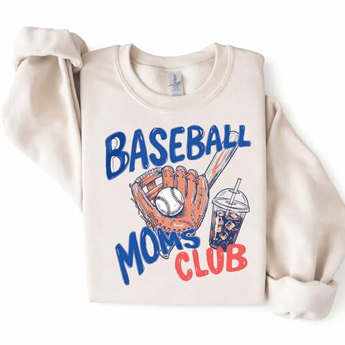 Daytee Baseball Moms Club Sweatshirt Baseball Mom Sweatshirt Sports Mom Crewneck Gift (US Alpha Small Regular Regular SAND)