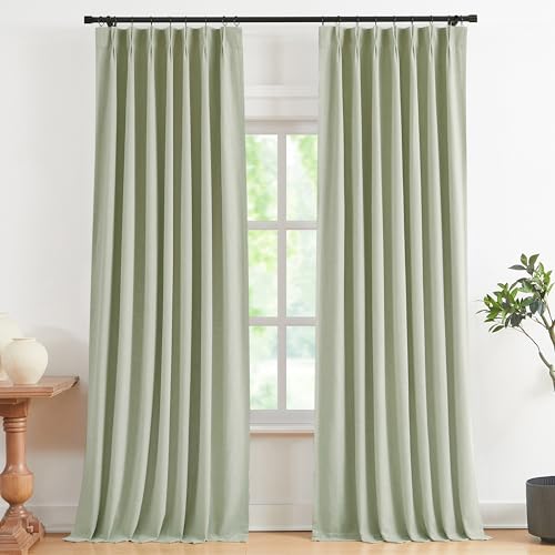 Image of Vision Home Soft Green Pinch Pleated Full Blackout Curtains Linen Blended Room Darkening Curtain Panels 108 inch for Living Room Bedroom Thermal Insulated Pinch Pleat Drapes with Hooks 40 inch Wx108 Lx2