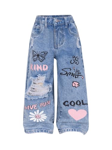 GORGLITTER Girl's Baggy Jeans Denim Ripped High Waisted Butterfly Graphic Print Straight Wide Leg Cargo Joggers Pants