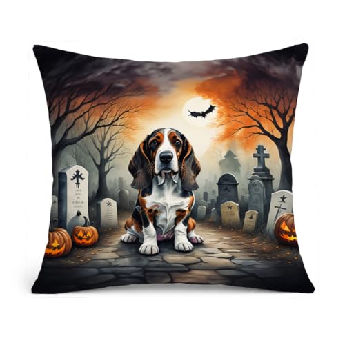 Caroline's Treasures DAC2010PW1818 Basset Hound Spooky Halloween Fabric Decorative Pillow Machine Washable, Indoor Outdoor Decorative Pillow for Couch, Bed or Patio, 18Hx18W
