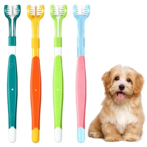 WUFKOP Spazzolino per Cani, 4 Pezzi Spazzolin per Animali Domestici, Spazzolino a Tre Teste per Cani e Gatti con 360° Pulizia, Set per Igiene Dentale di Cani di Taglia Piccola, Media e Grande